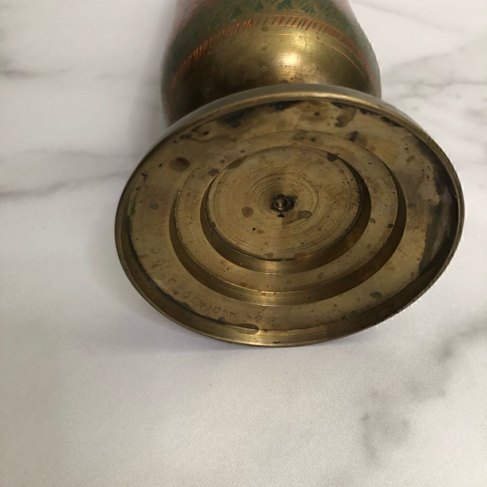 Vintage Etched Enamel Brass Footed Urn/Vase Red and Green Floral - Picture 6 of 10